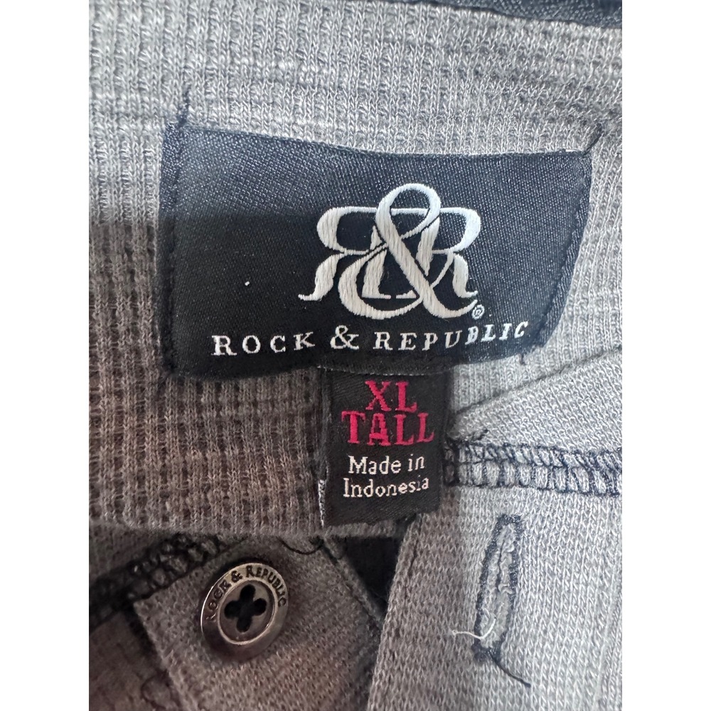 Rock & Republic XL Tall Gray Henley Shirt Men's Short Sleeve Waffle Knit Moto - Picture 3 of 6